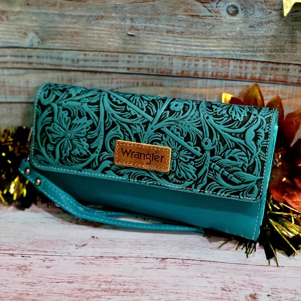Wrangler Faux Leather Wallet Floral Tooled Design Wristlet RFID BLOCK Turquoise